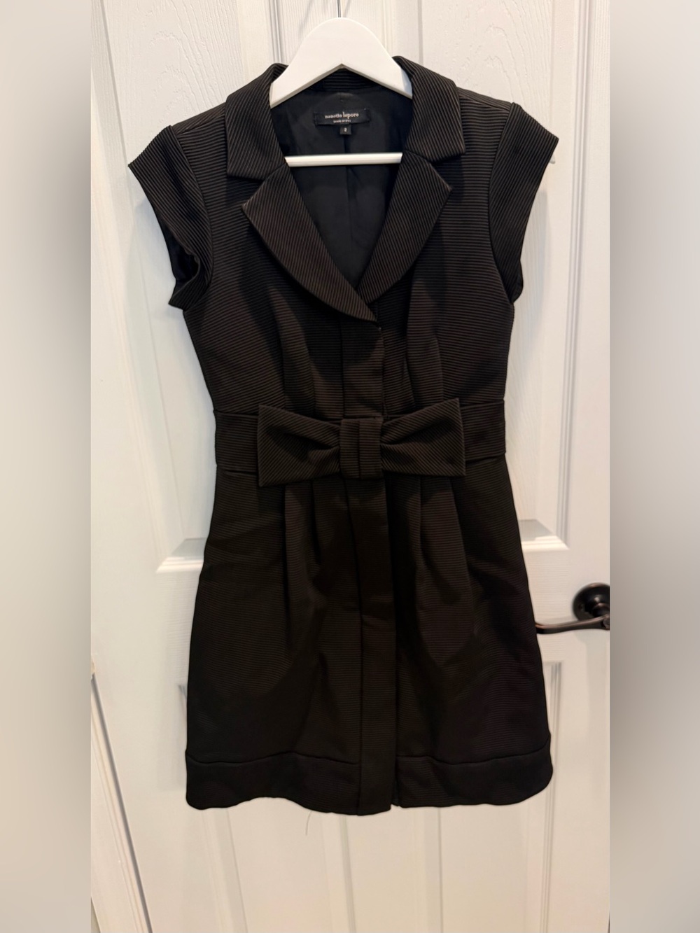 Nanette Lepore Black Ribbed Coat Dress Bow Waist Size 2 Made In NYC Vintage Y2K